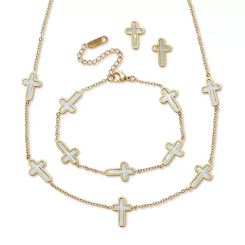 Genuine Mother of Pearl Yellow Gold Ion-Plated Stainless Steel Cross Jewelry Set