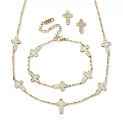 Genuine Mother of Pearl Yellow Gold Ion-Plated Stainless Steel Cross Jewelry Set