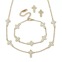 Genuine Mother of Pearl Yellow Gold Ion-Plated Stainless Steel Cross Jewelry Set