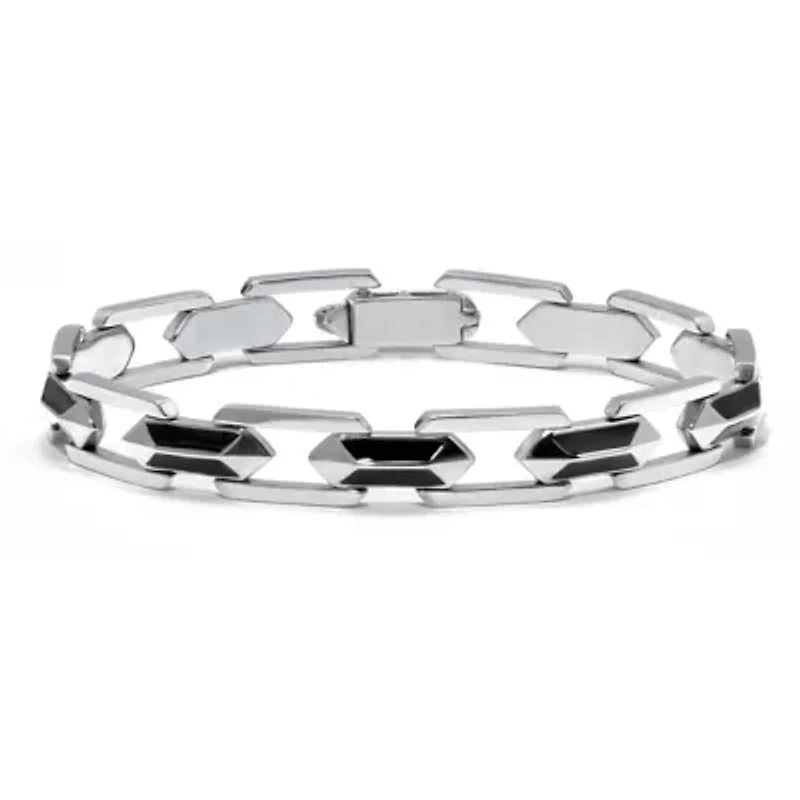 Men's Stainless Steel and Black Enamel Bracelet 9-inch
