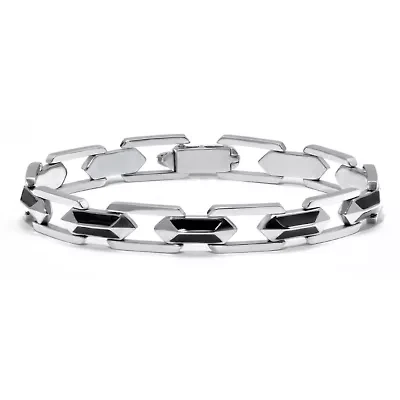 Men's Stainless Steel and Black Enamel Bracelet 9-inch