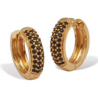 Genuine Black Spinel Yellow Gold-Plated Sterling Silver Huggie Hoop Earrings