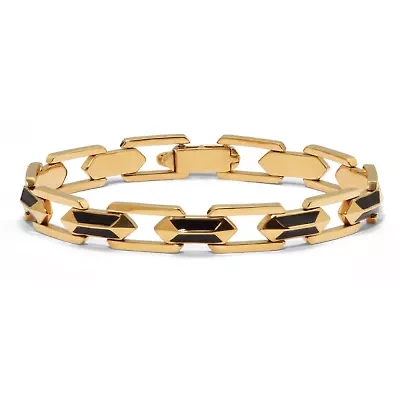 Men's Gold Ion-Plated Stainless Steel and Black Enamel Link Bracelet 8-inch