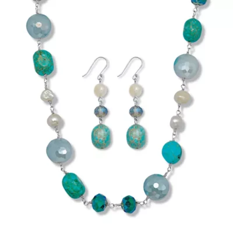 Genuine Blue Jasper and Cultured Freshwater Pearl Silvertone Jewelry Set