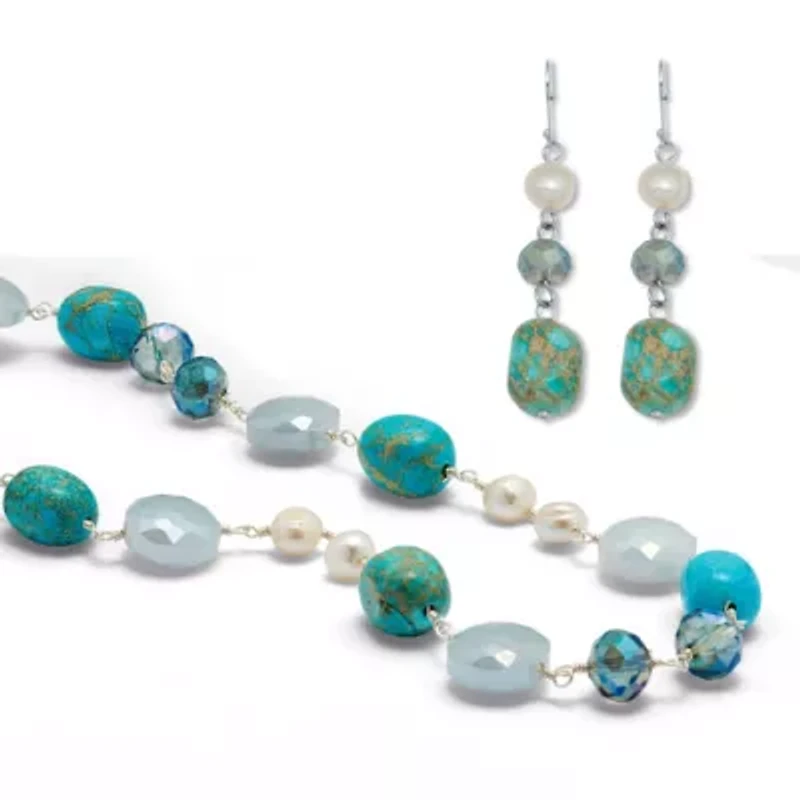 Genuine Blue Jasper and Cultured Freshwater Pearl Silvertone Jewelry Set