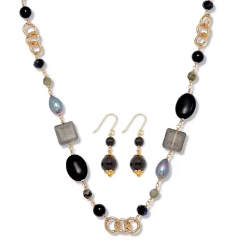 Genuine Black Onyx Goldtone Necklace and Earring Set