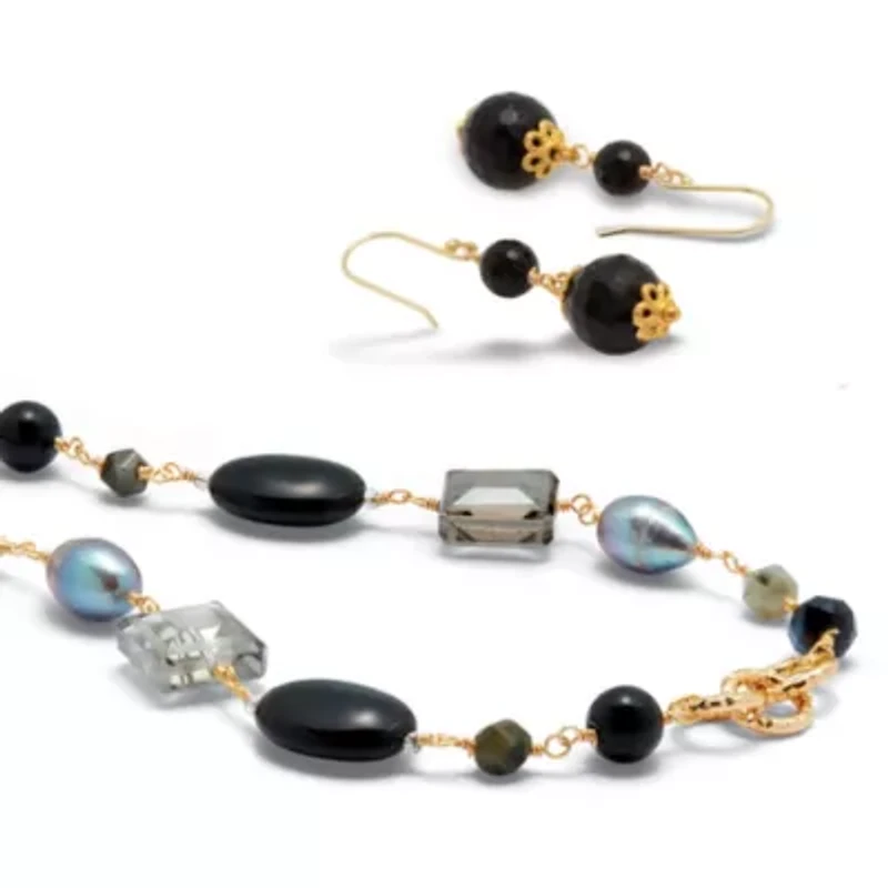 Genuine Black Onyx Goldtone Necklace and Earring Set