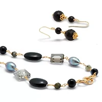 Genuine Black Onyx Goldtone Necklace and Earring Set