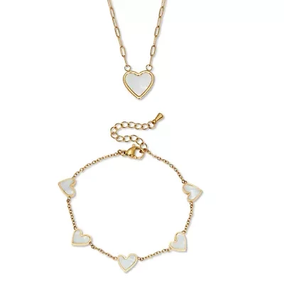 Genuine Mother of Pearl Gold Ion-Plated Stainless Steel Heart Jewelry Set
