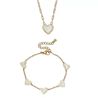 Genuine Mother of Pearl Gold Ion-Plated Stainless Steel Heart Jewelry Set