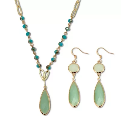 Opaque Green Crystal and Genuine Aventurine Goldtone Jewelry Set