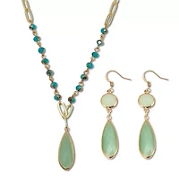 Opaque Green Crystal and Genuine Aventurine Goldtone Jewelry Set