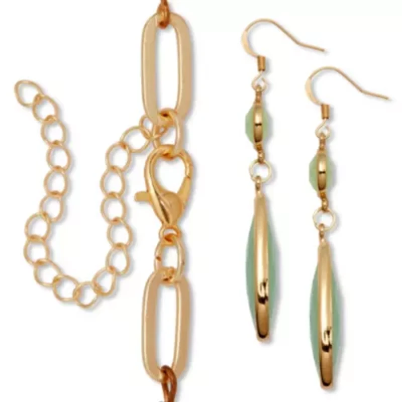 Opaque Green Crystal and Genuine Aventurine Goldtone Jewelry Set
