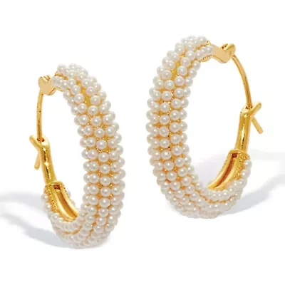 White Round Simulated Pave-Style Pearl Goldtone Hoop Earrings