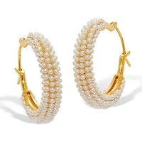 White Round Simulated Pave-Style Pearl Goldtone Hoop Earrings