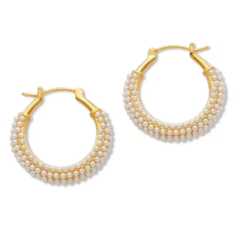 White Round Simulated Pave-Style Pearl Goldtone Hoop Earrings
