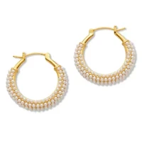 White Round Simulated Pave-Style Pearl Goldtone Hoop Earrings