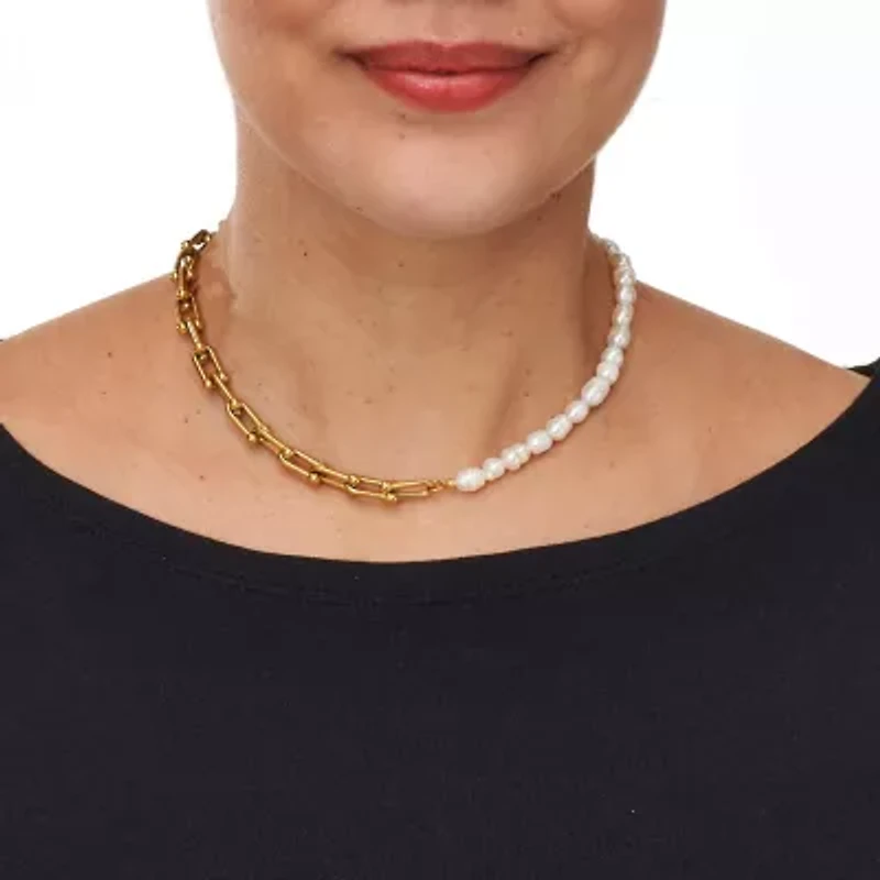 Pearl Gold-Ion Plated Stainless Steel Necklace 16-inch