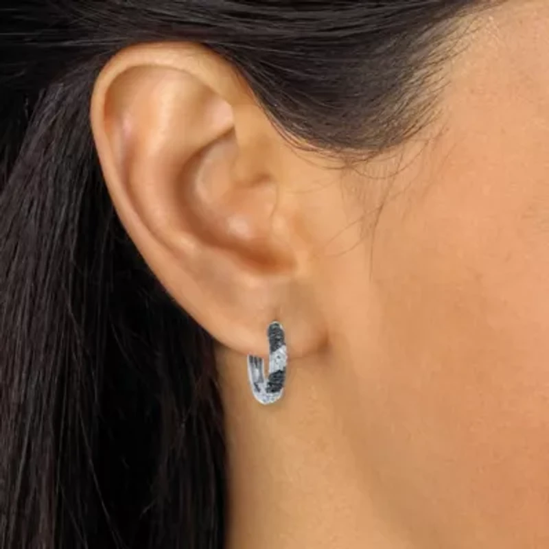 .50 TCW Black and White Diamond Sterling Silver Hoop Earrings (1/2 inch)