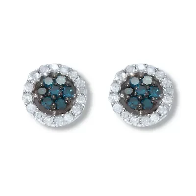 .49 TCW Blue Diamond Sterling Silver Halo Stud Earrings (3/10 inch)