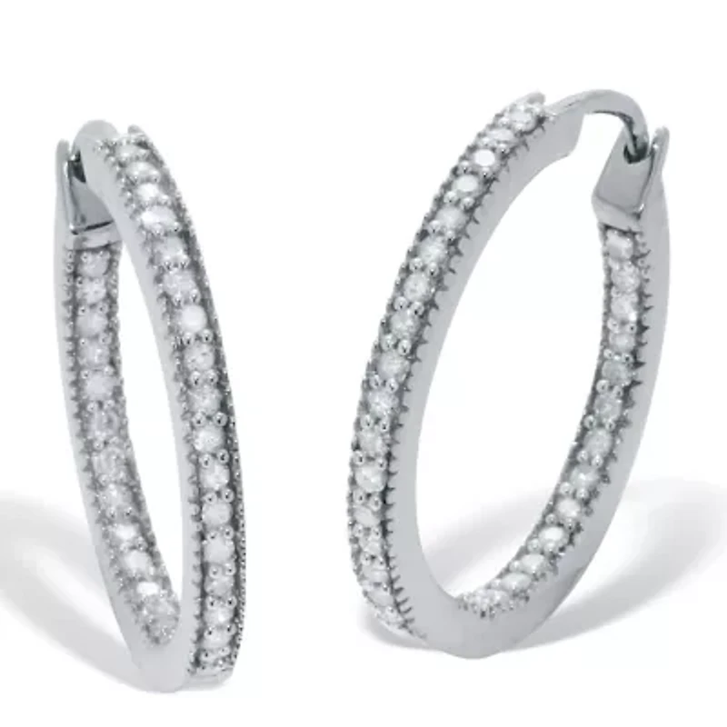 .50 TCW Diamond Sterling Silver Hoop Earrings 7/10 Inch