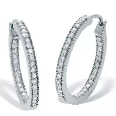 .50 TCW Diamond Sterling Silver Hoop Earrings 7/10 Inch
