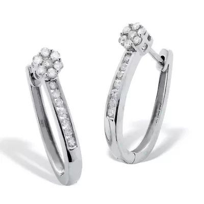 .33 TCW Diamond Sterling Silver Flower Cluster Hoop Earrings (6/10 inch)