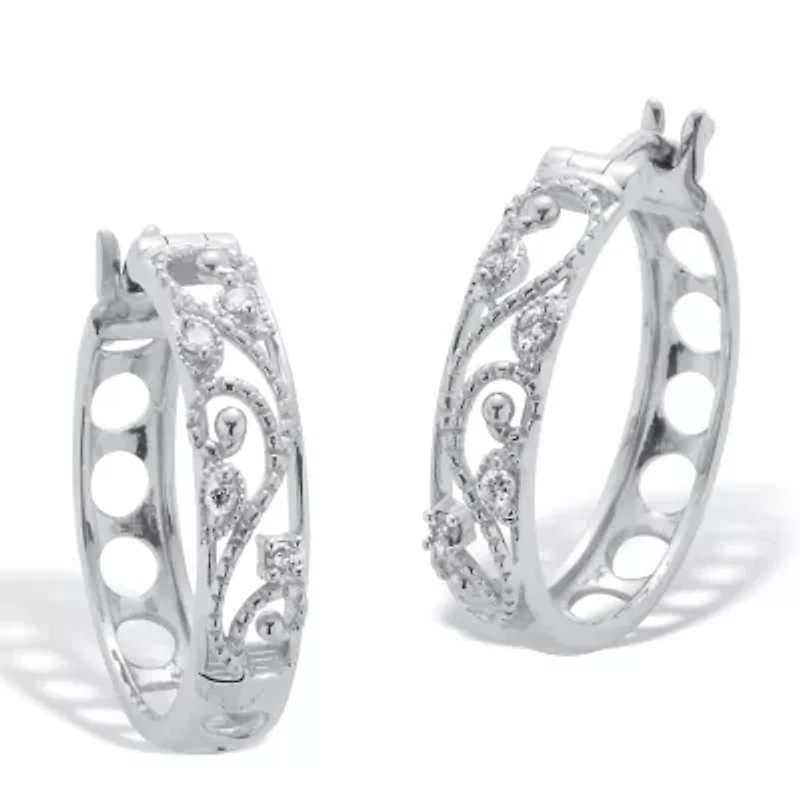 .10 TCW Diamond Sterling Silver Filigree Hoop Earrings (7/10 inch)