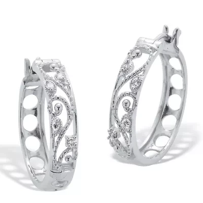 .10 TCW Diamond Sterling Silver Filigree Hoop Earrings (7/10 inch)
