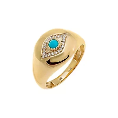 Diamond Evil Eye X Turquoise Signet Pinky Ring 14K