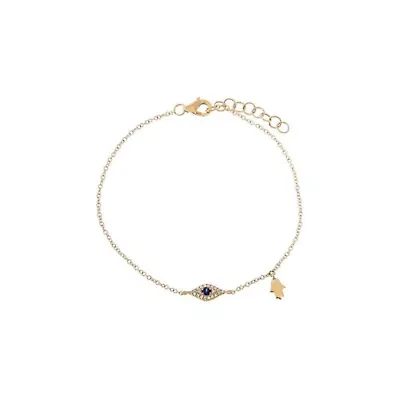 Diamond Pave X Sapphire Blue Evil Eye Charm Bracelet 14K