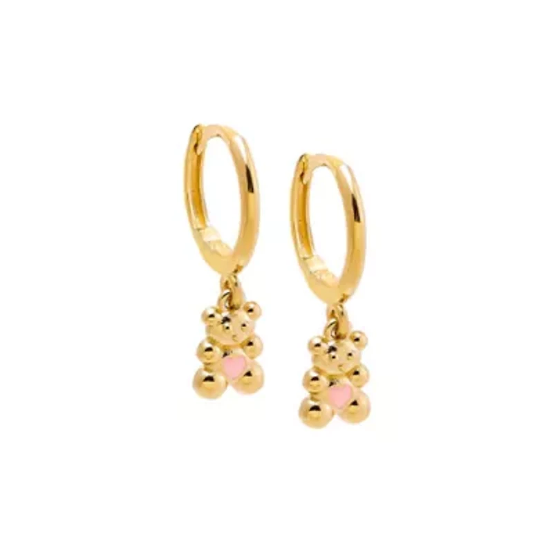 Kids Pink Heart Bear Huggie Earring 14K