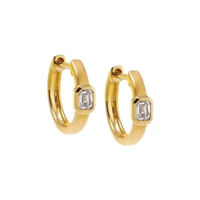 Diamond Emerald Bezel Wide Huggie Earring 14K