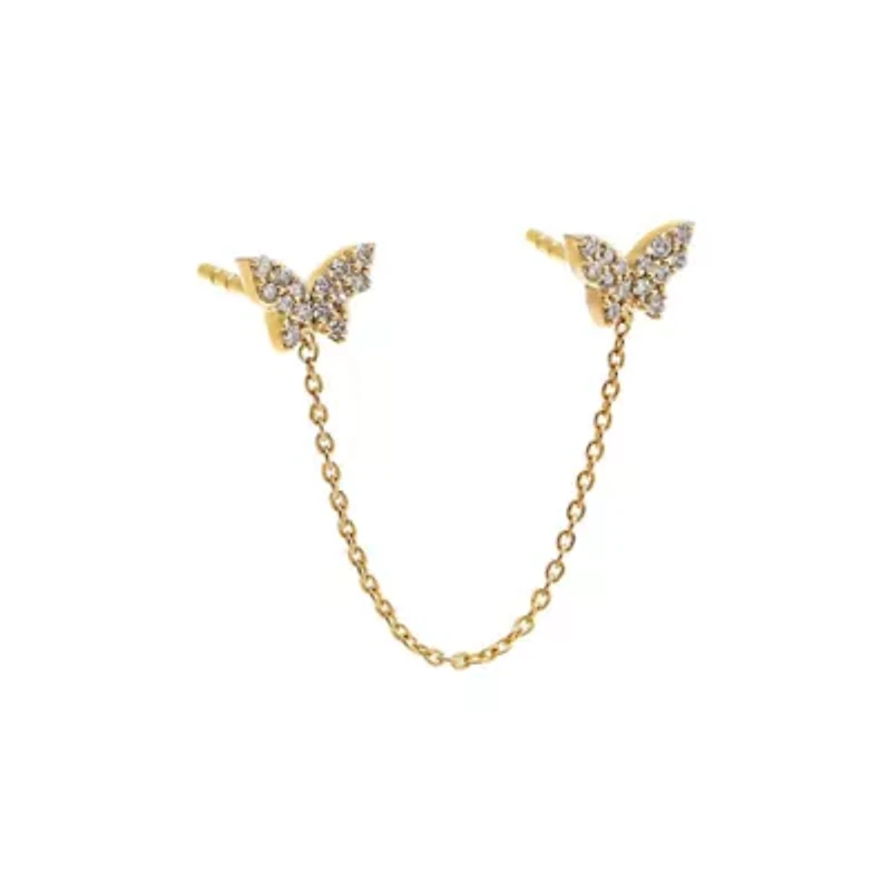 Diamond Pave Double Butterfly Chain Stud Earring 14K