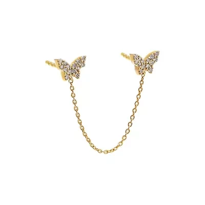 Diamond Pave Double Butterfly Chain Stud Earring 14K