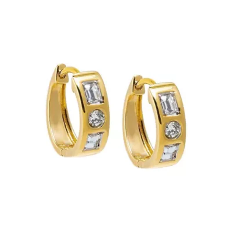 Lab Created Lab Grown Diamond Solitaire X Emerald Embedded Wide Huggie Earring 14K