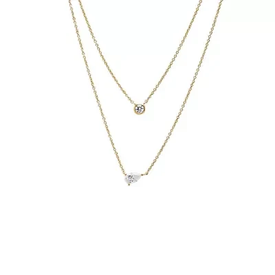 Lab Created Lab Grown Diamond Double Layer Pear & Bezel Necklace 14K