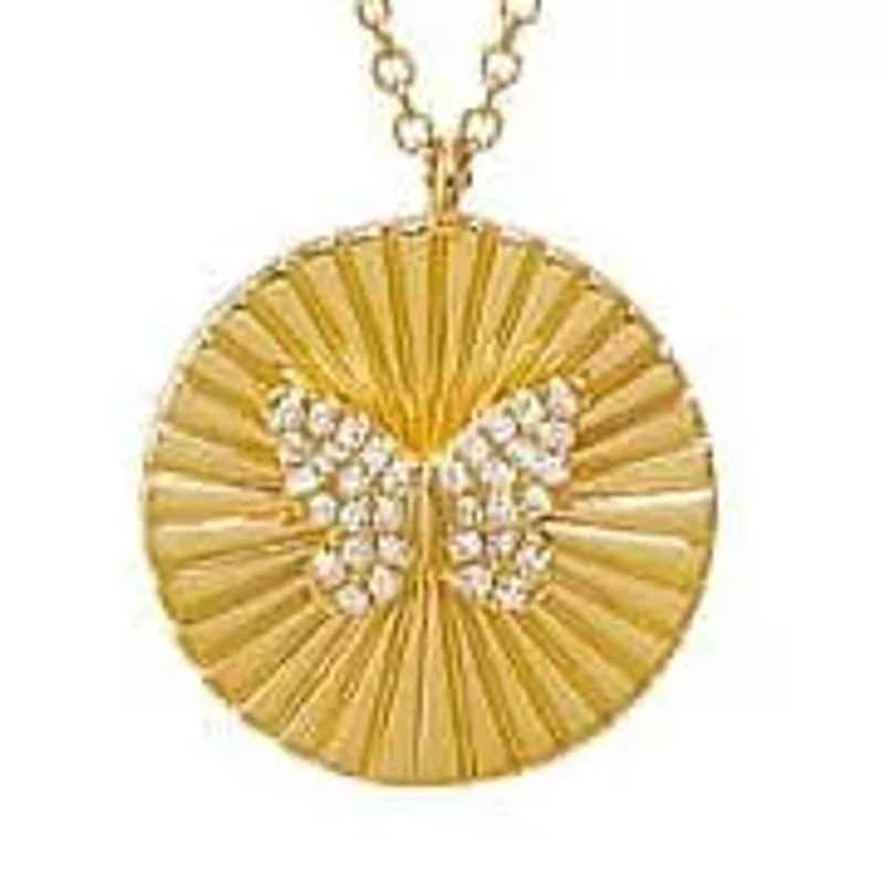 Diamond Pave Butterfly Ridged Disc Necklace 14K