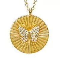 Diamond Pave Butterfly Ridged Disc Necklace 14K