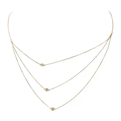 Diamond Sideway Bezel Triple Chain Necklace 14K