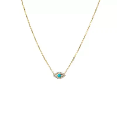 Diamond Pave X Turquoise Evil Eye Necklace 14K
