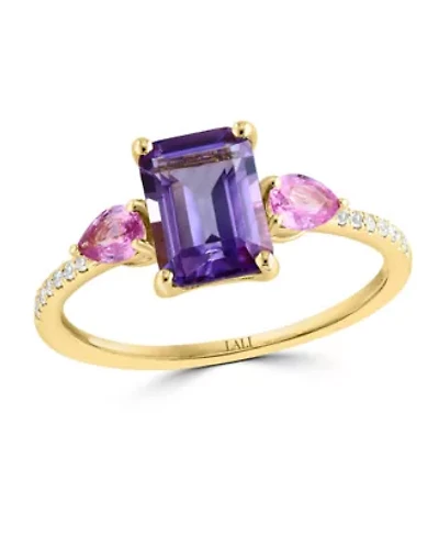14K Yellow Gold Diamond, Pink Sapphire And Amethyst Ring