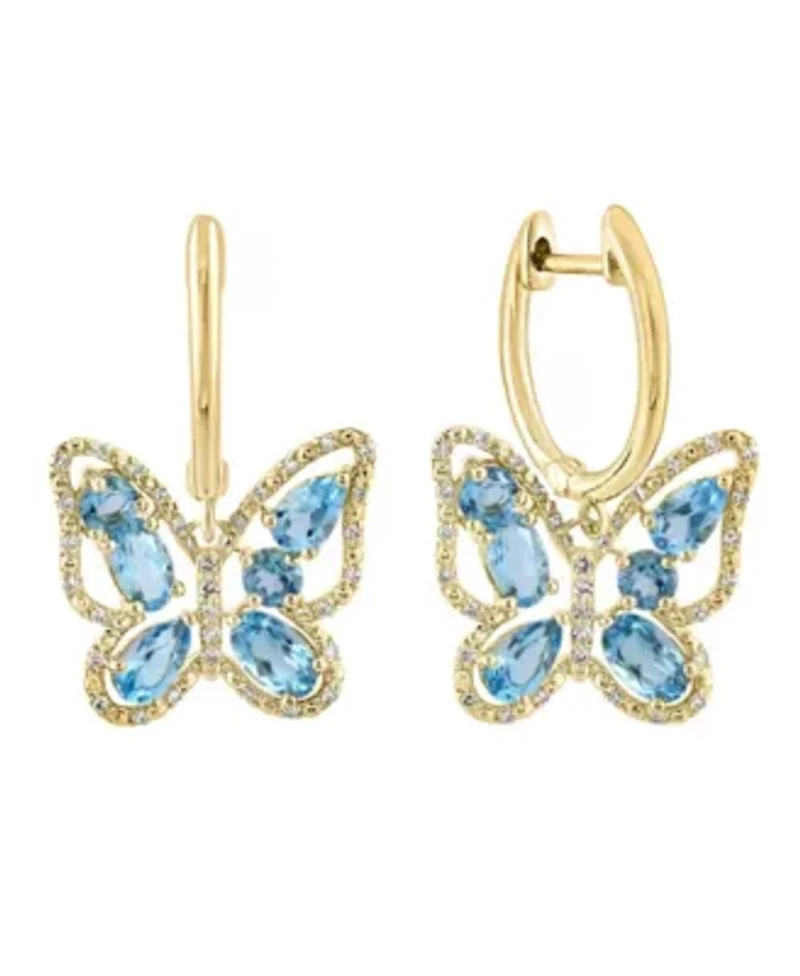 14K Yellow Gold Diamond And Swiss Blue Topaz Butterfly Earring