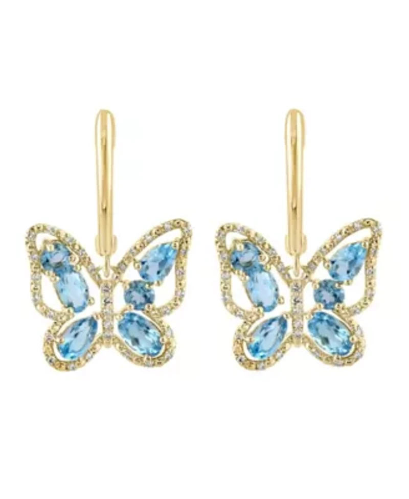 14K Yellow Gold Diamond And Swiss Blue Topaz Butterfly Earring