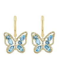 14K Yellow Gold Diamond And Swiss Blue Topaz Butterfly Earring