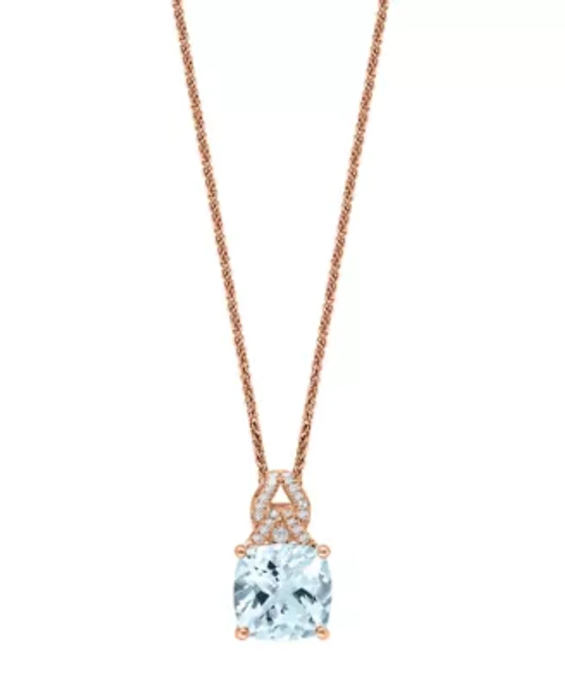 14K Rose Gold Diamond And Aquamarine Pendant With Chain