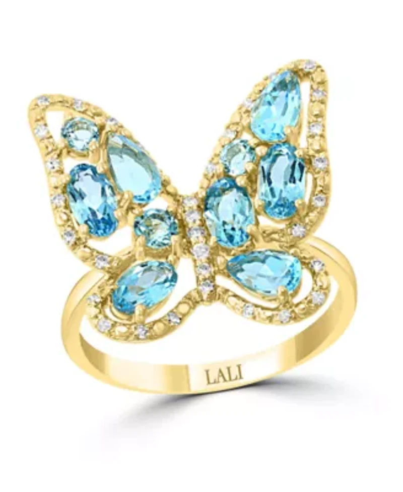 14K Yellow Gold Diamond And Swiss Blue Topaz Butterfly Ring