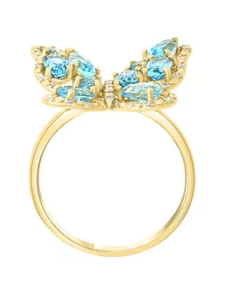 14K Yellow Gold Diamond And Swiss Blue Topaz Butterfly Ring