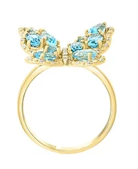 14K Yellow Gold Diamond And Swiss Blue Topaz Butterfly Ring