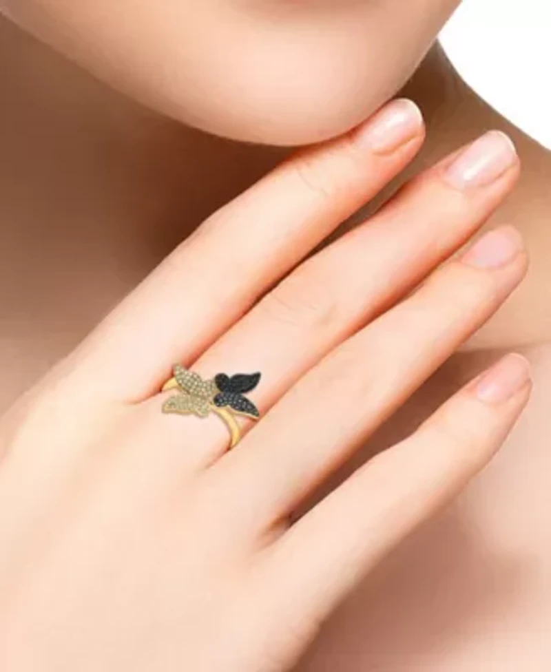 14K Yellow Gold Diamond And Treated Black Diamond Butterfly Ring